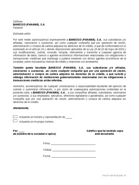 Carta De Autorización Apc Panamá Bancos