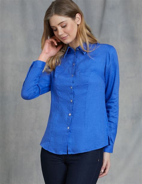 Womens Royal Blue Relaxed Fit Linen Shirt Hawes And Curtis