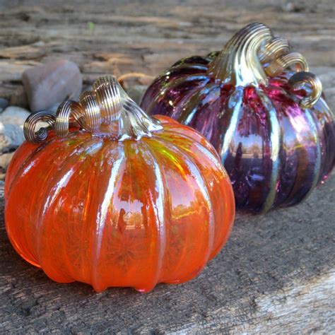 Glass Pumpkin Pair Yellow Orange And Green Set Of Two Etsy Glass