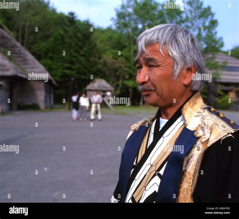Ainu Man Looks Over The Porotokotan Ainu Village Shiraoi Hokkaido Stock