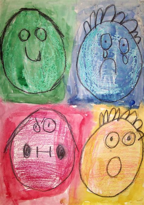 Four Childrens Drawings With Different Faces On Them