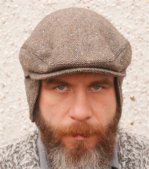 Traditional Irish Tweed Flat Cap With Foldable Ear Flaps Brown Speckled