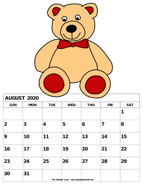 August 2020 Calendar My Calendar Land