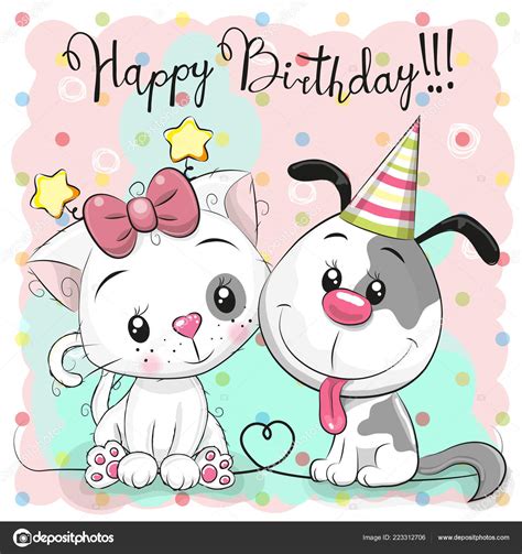 Greeting Birthday Card Cute Cartoon Cat Dog — Stock Vector