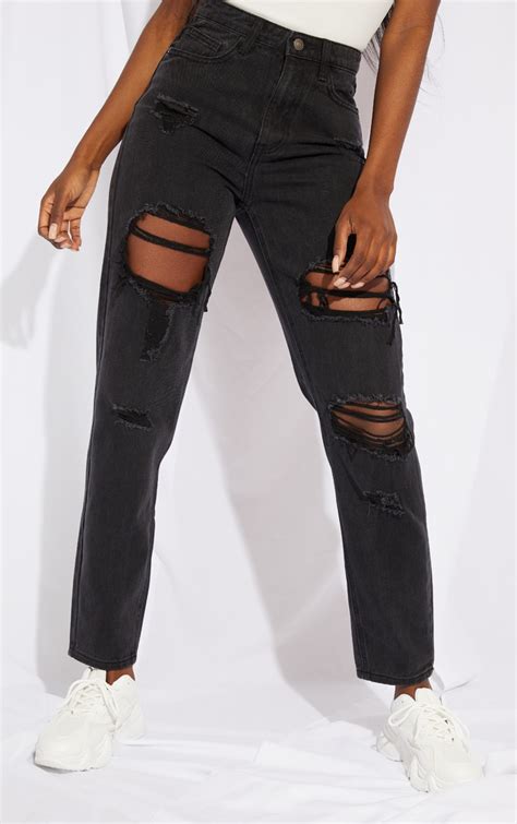 Plt Tall Washed Black Distressed Mom Jeans Prettylittlething Ie