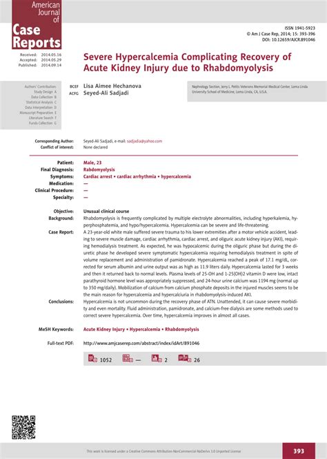 Pdf Severe Hypercalcemia Complicating Recovery Of Acute Kidney Injury