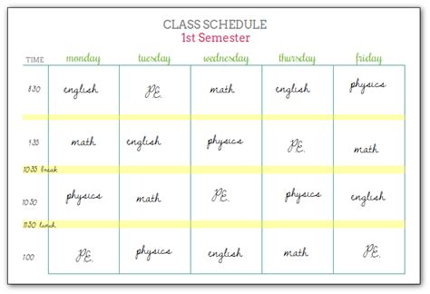 Student Planners Class Schedules And Reference Sheets Class