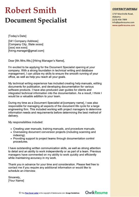 Document Specialist Cover Letter Examples Qwikresume