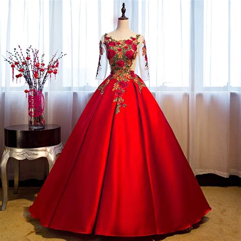 Red Floor Length Satin Wedding Gown Featuring Floral Embroidered Scoop Neck Bodice With Sheer