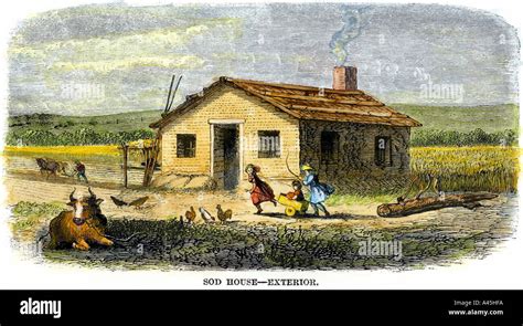 Sod house of a homesteader family on the Great Plains 1800s Stock Photo