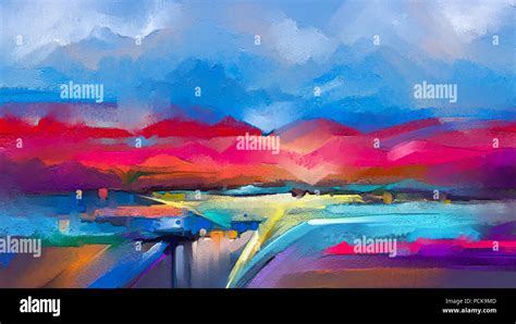 Abstract Oil Painting Landscape Colorful Blue Purple Sky Oil Painting