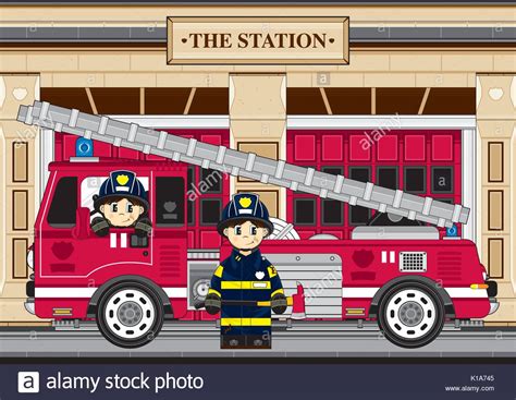 Cute Cartoon Fireman Firefighter And Fire Truck Vector