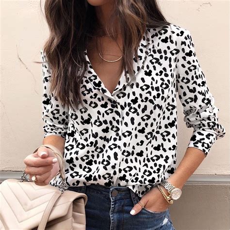 Black And White Leopard Blouse Women Buttons Front Lapel Shirt Long