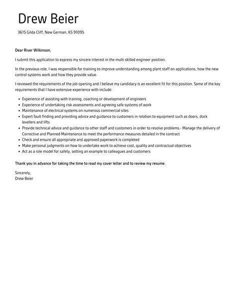 Multi Skilled Engineer Cover Letter | Velvet Jobs