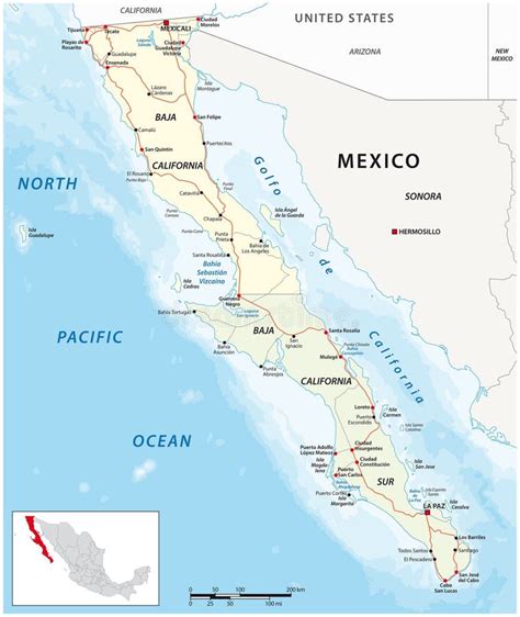 vector road map of the mexican states of baja california and baja california south stock vector