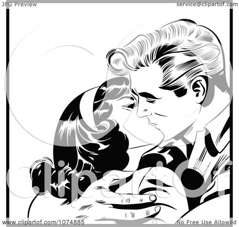 Clipart Black And White Retro Pop Art Couple Kissing And Holding Each Other Tight Royalty Free
