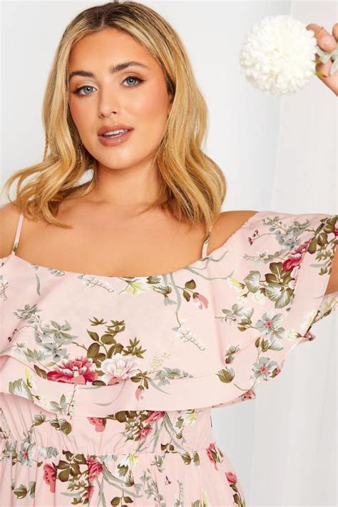 Plus Size Yours London Curve Light Pink Floral Bardot Ruffle Bridesmaid Maxi Dress Yours Clothing