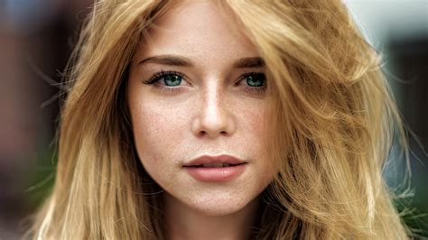 yvonne michel green eyes women mark prinz portrait face blonde closeup freckles looking
