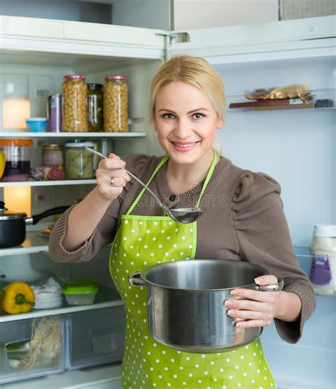Hungry Woman Eating From Pan Stock Image Image Of House Adult 51206805