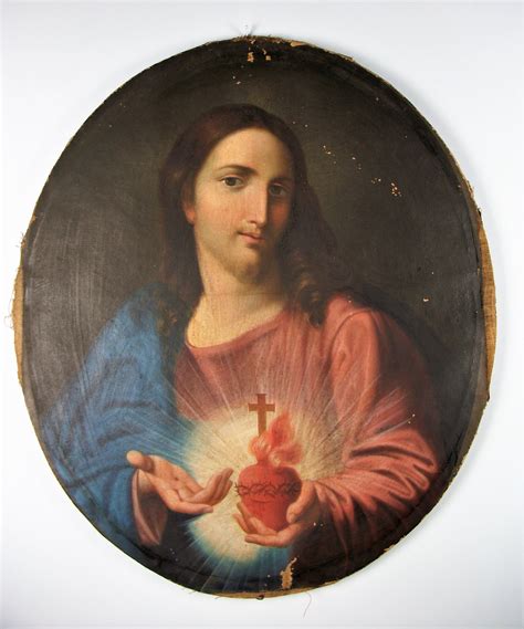 Oil On Canvas Religious Italian Painting Of The Sacred Heart Of Jesus