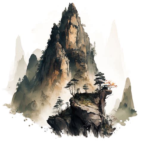 Chinese Ink And Watercolor Painting Of High Mountain Classic Art