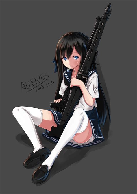 Fondos De Pantalla Ilustraci N Pistola Pelo Largo Anime Chicas Anime Ojos Azules Arma