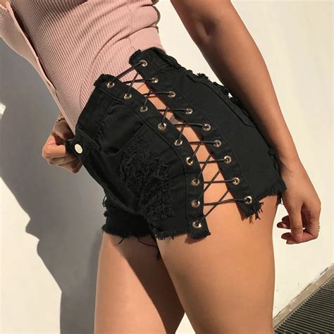Sexy Summer Women Denim Black Ripped Short Jeans High Waisted Tassel Elastic Lace Up Bandage