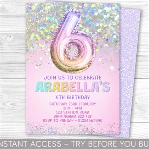 Editable 6th Birthday Invitation Template Rainbow Glitter Etsy Australia