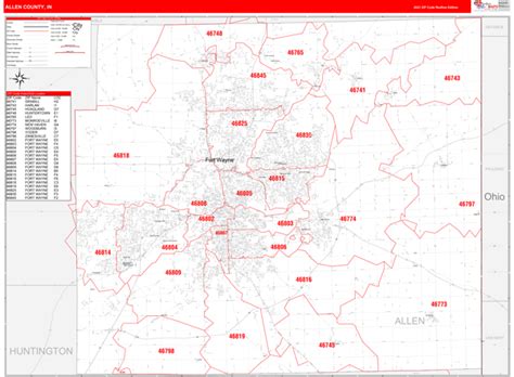 Allen County In Zip Code Wall Map Red Line Style By Marketmaps Mapsales