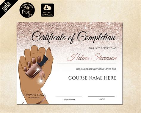 Certificate Of Completion Certificate Template Nail Etsy