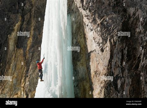 A Man Ice Climbing A Frozen Waterfall Silverton Colorado Stock Photo