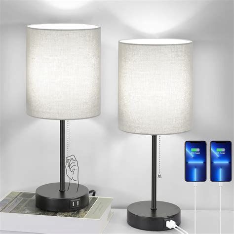 Table Lamps Set Of 2 With USB Charging Ports Grey Bedside Lamps With