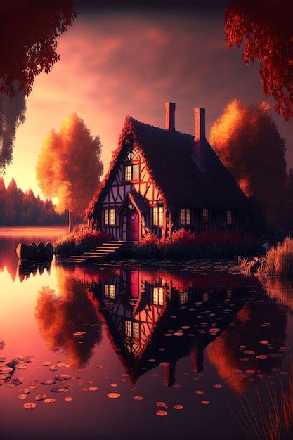 Premium Ai Image House Sitting On Top Of A Lake Next To A Forest