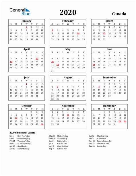 Free Printable 2020 Canada Holiday Calendar