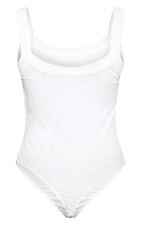 White Jumbo Rib Thick Strap Sleeveless Bodysuit Prettylittlething Usa