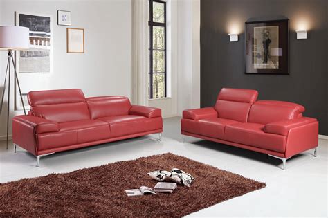 Madrid Contemporary Italian Leather Sofa Set In Red Raleigh North