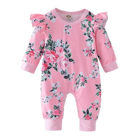 Autumn Fashion Newborn Toddler Baby Rompers Pink Ruffle Floral Jumpsuit