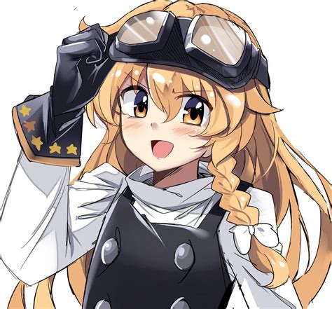 An Anime Character With Long Blonde Hair Wearing Goggles And Holding
