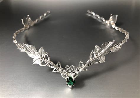 Elvish Celtic Emerald Wedding Tiara In Sterling Silver With Gemstone