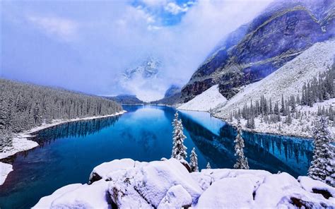 Download Wallpapers Banff Winter 4k Snowdrifts Blue Lake North