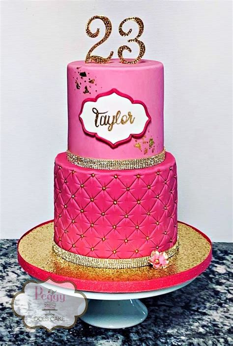 Two Toned Pink Fondant Bottom Tier Quilted With Gold Pearls Top Tier