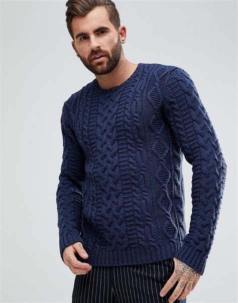 Asos Chunky Cable Knit Sweater In Navy Navy Mens Cable Knit Sweater