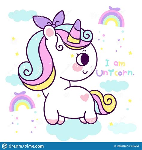 Flat Unicorn Fairy Cartoon Cute Pony Child Rainbow On Cloud Series