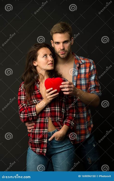 Sensual Couple Red Heart Happy Valentines Day Love And Romance Man And Girl On Romantic Date