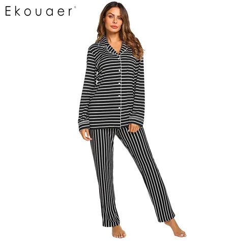 Ekouaer Pajamas Set Women Striped Nightwear Sets Casual Loose Pocket V Neck Button Shirts And