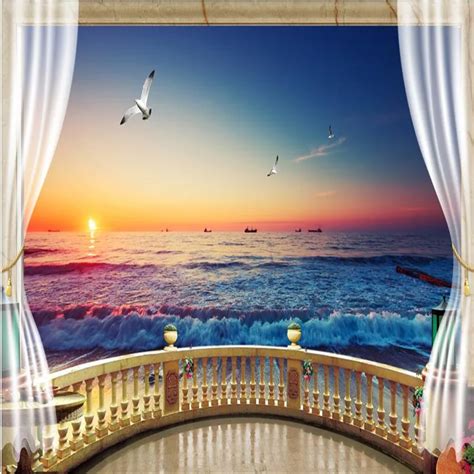 Wall Panel Wallpaper 3d Balcony With Beach View Background Modern
