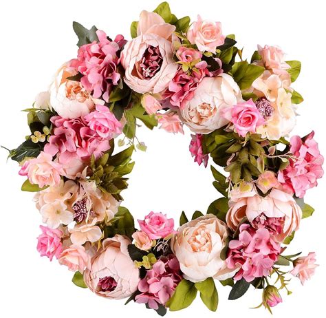 Artificial Peony Flower Wreath 15 Pink Flower Door Wreath With Green Leaves Spring Wreath For