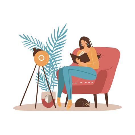 Premium Vector Girl With Cat Reading Book Younf Woman Sitting In Big Armchair And Read Cozy