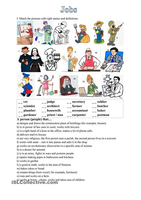 Jobs Exercise Matching Picture With Name And Description Teaching