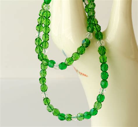vintage green polished glass bead necklace clear bead accent etsy glass bead necklace glass